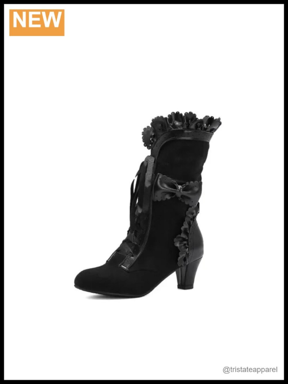 Victorian Lace Up Boots for Women Chunky Heels Bow Cute Goth Cosplay Mid-Calf